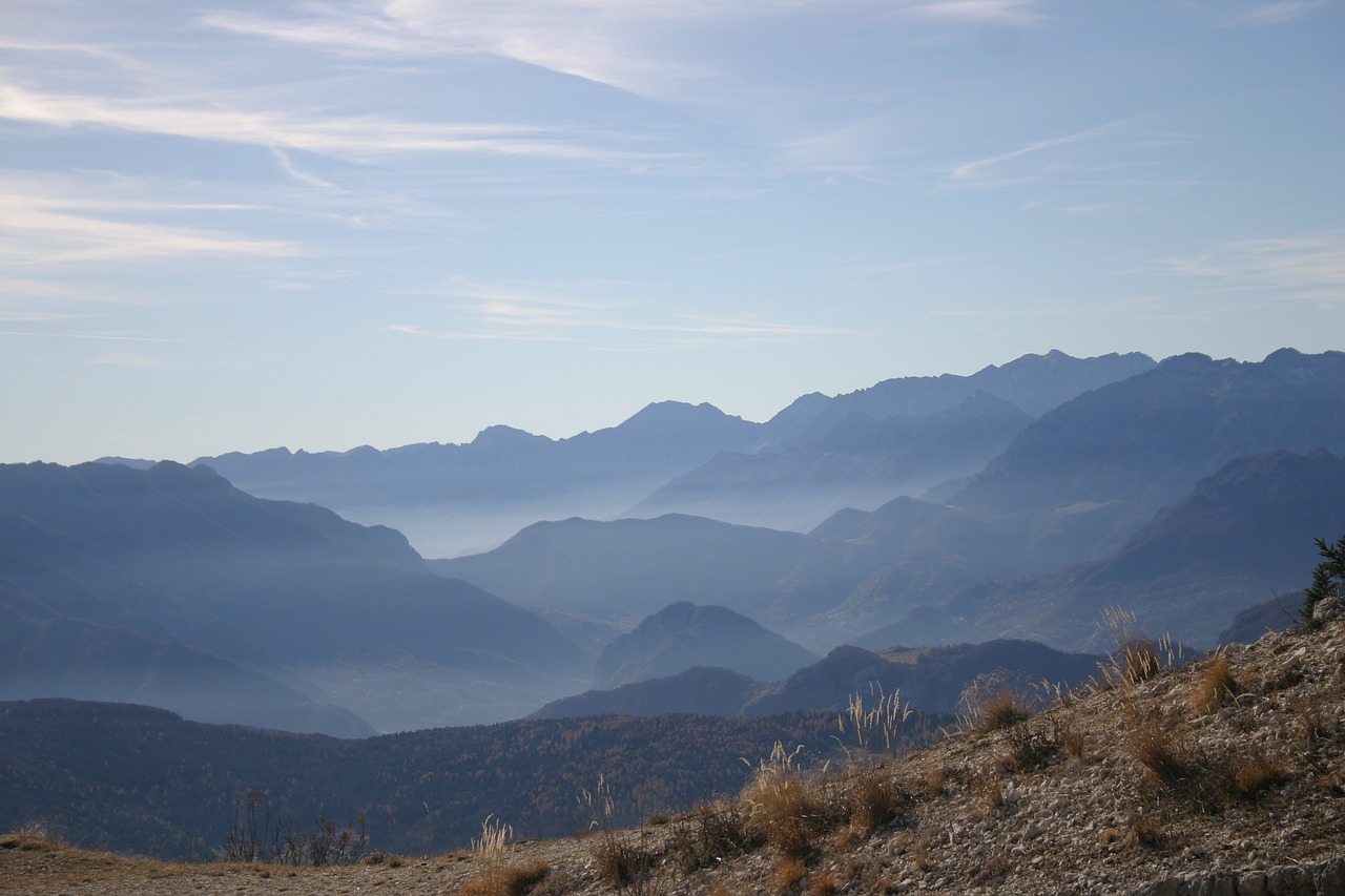 A hazy view of distant mountain ridges 