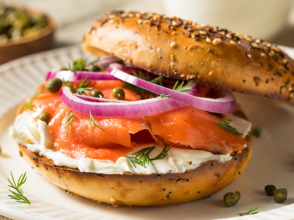 Salmon and cream cheese bagel