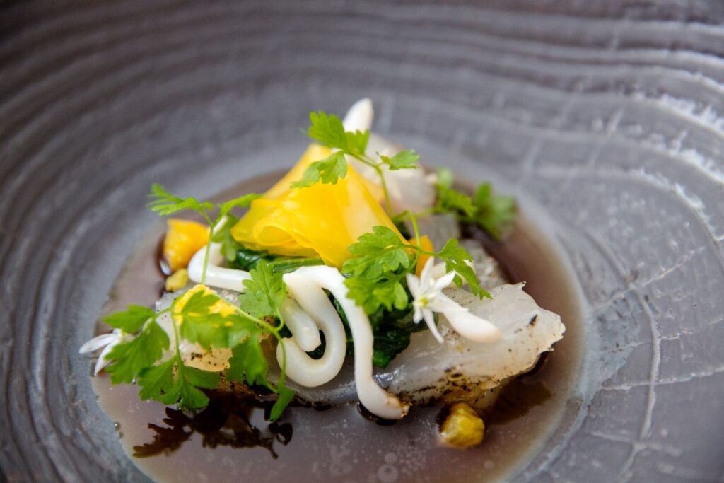 A delicate plate of Nordic cuisine with raw fish, and bright yellow fruit served with green garnish and dark brown sauce.