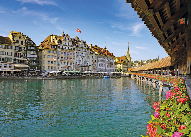 The view from the Chapel Bridge in Lucerne, Switzerland