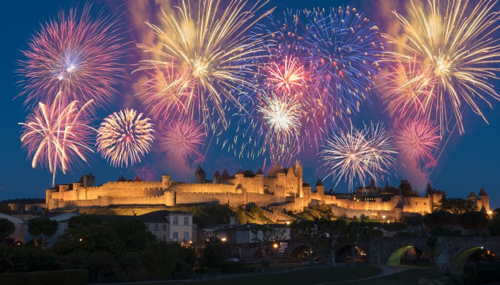 Colourful fireworks over The Bastille on Bastille Day