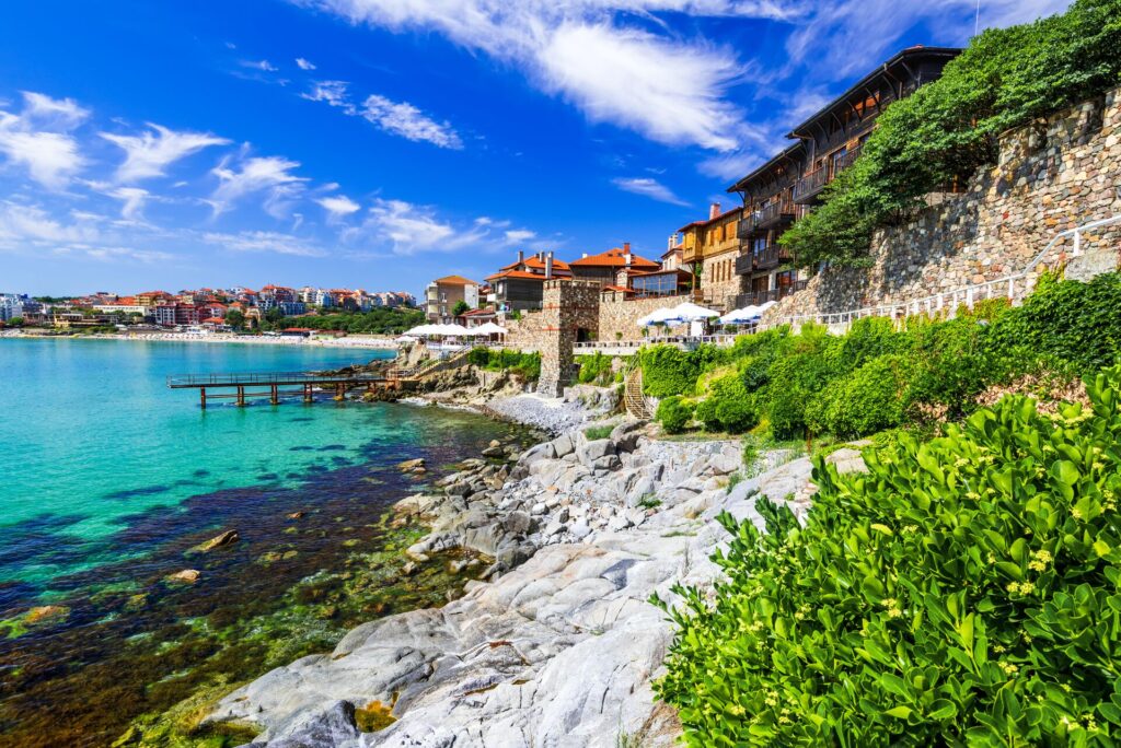 Rocky shorefront and jetty in Sozopol, Bulgaria