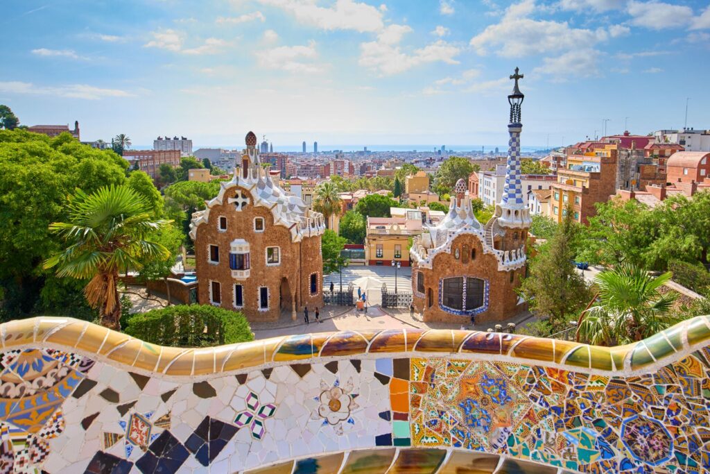 Colourful mosaics by Gaudi in a park in Barcelona, Spain