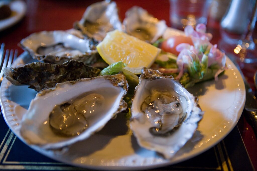 POV shot of fine dining in Edinburgh with clams, bread, and wine