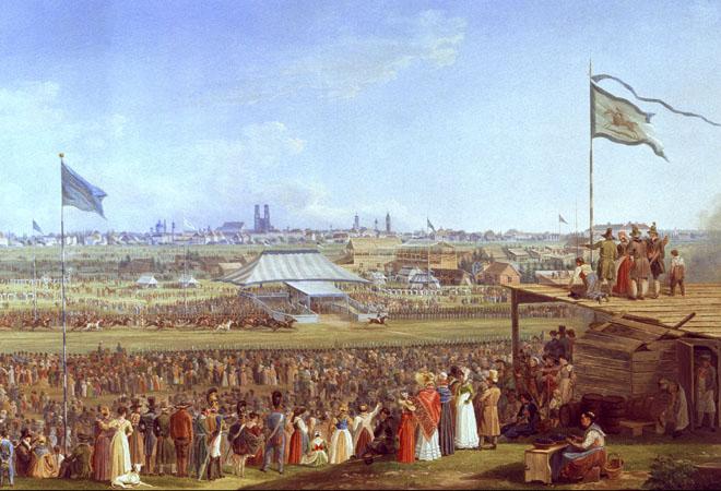 An old painting depicts crowds and tents at Oktoberfest.