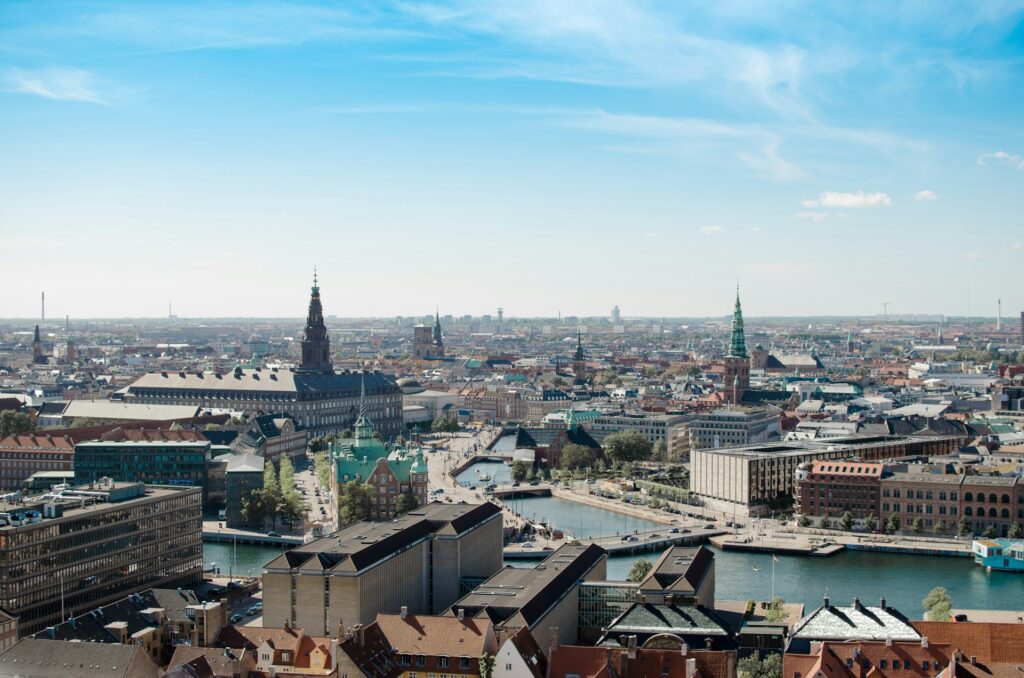 Skyline view of Copenhagen with church spires visible