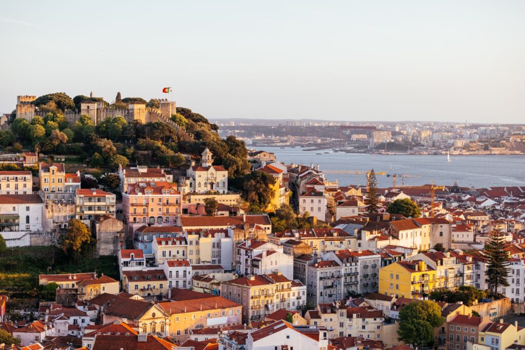 Aerial view of Lisbon with coloured houses on the coast