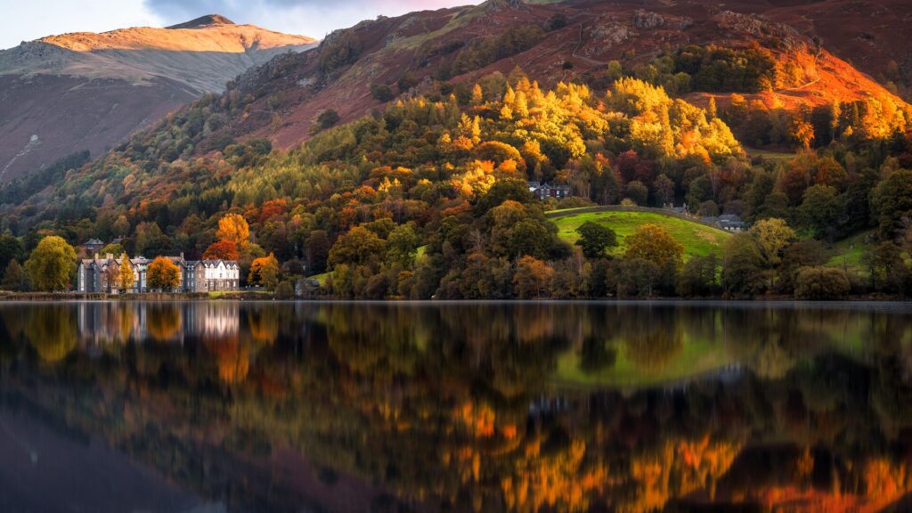 Autumn view across a large lake in the Lake District, England