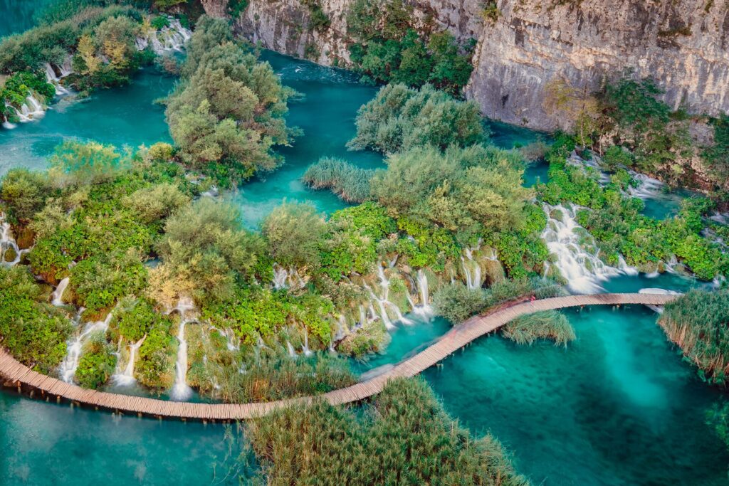Aerial shot of waterfalls at Plitvice National Park in Croatia