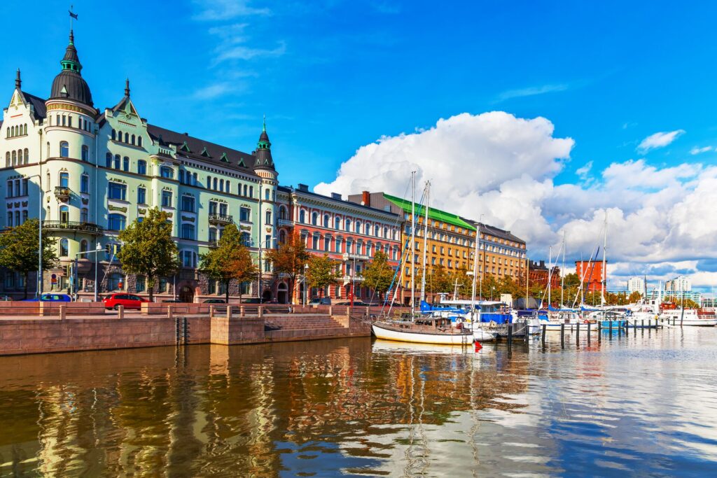 Colourful houses on the water's edge in Helsinki, Finland