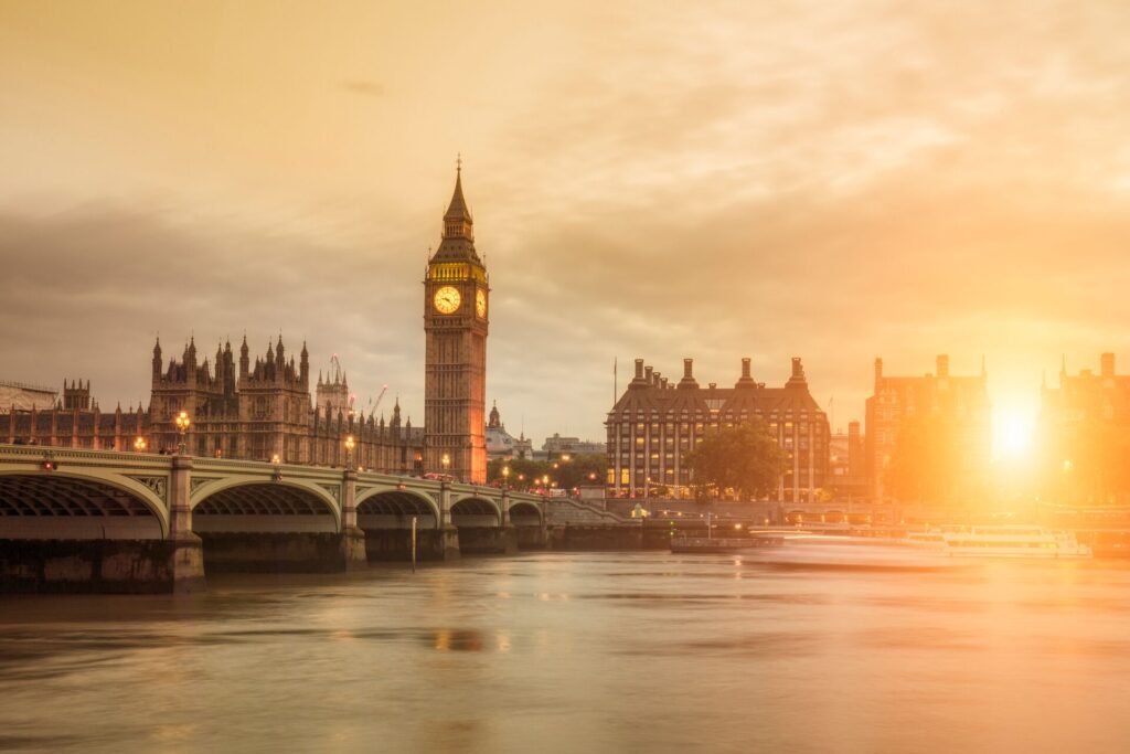 Sunset over Houses of Parliament in London