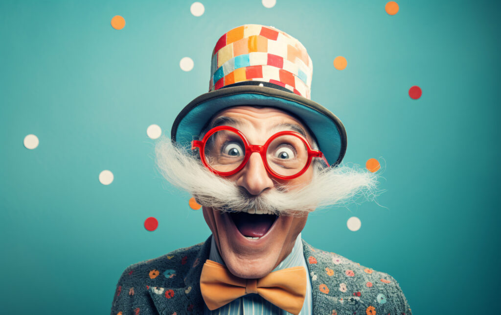 Comdy old man with big smile and costume moustache and glasses