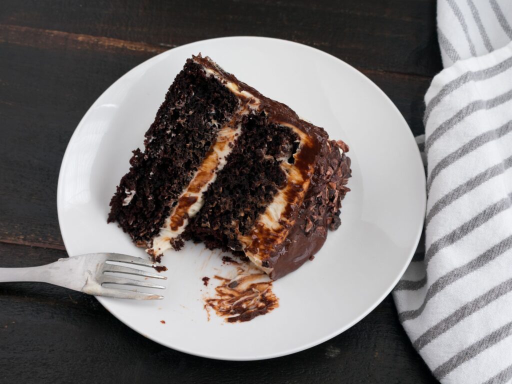slice of chocolate cake on a white plate
