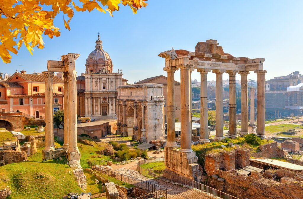 Ancient ruins of The Roman Forum in Italy in the autumn sun.