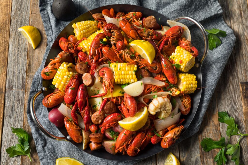 A colorful dish of Southern Crawfish Boil, from the Deep South USA