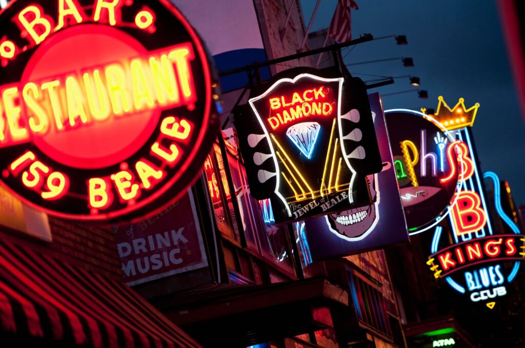 neon signs in Beale Street in Memphis, USA.