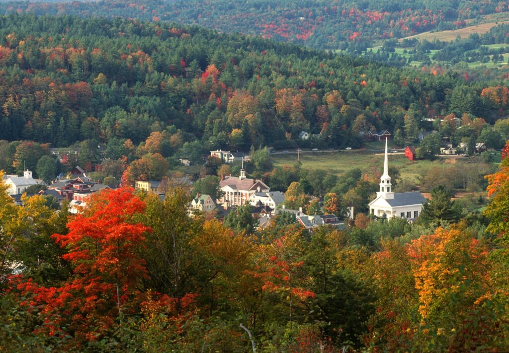 The town of Stowe, Vermont in New England in the fall