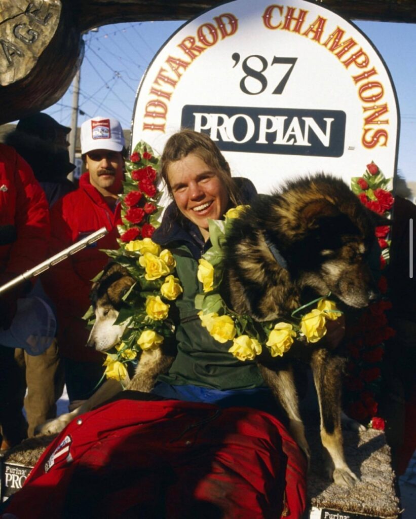 Susan Butcher after winning the 1987 Iditarod