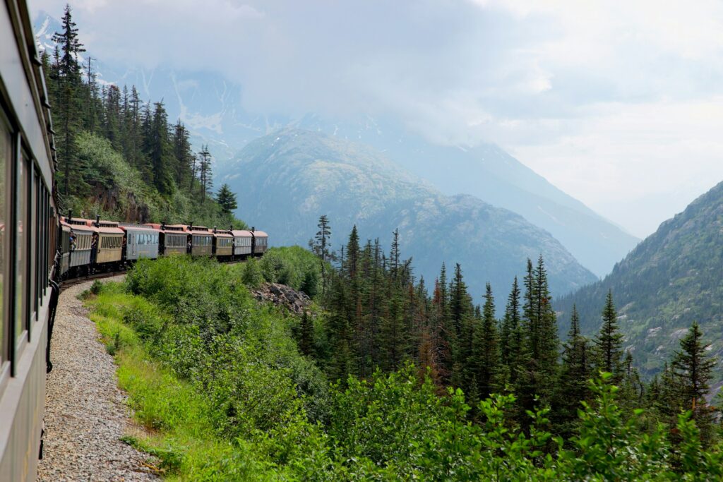 Train going through mountains in Alaska