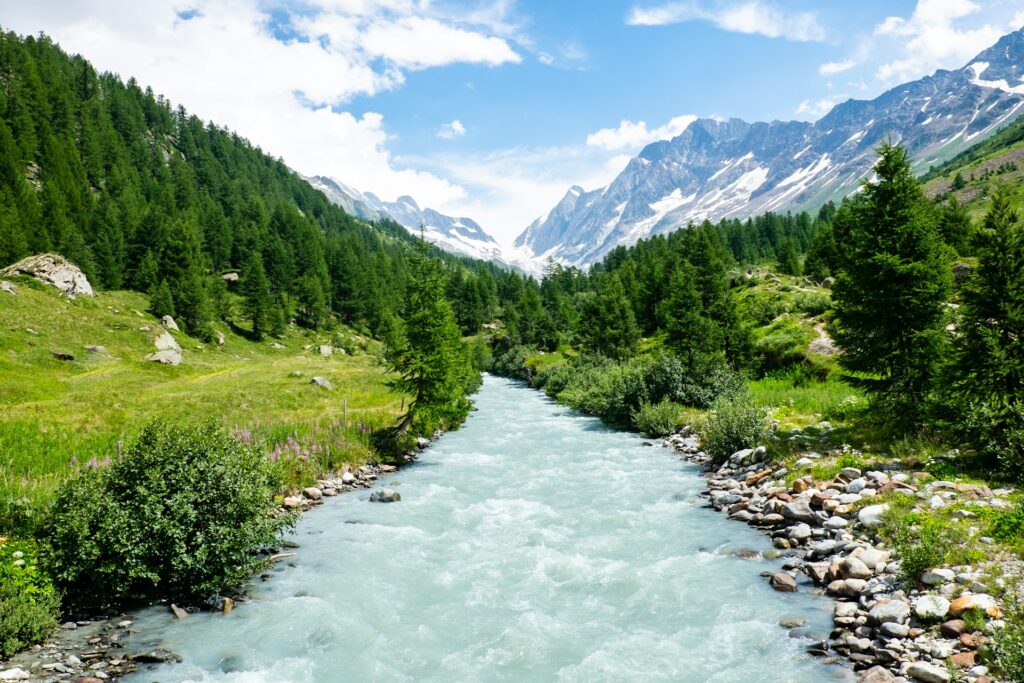 River flowing through a valley towards mountains