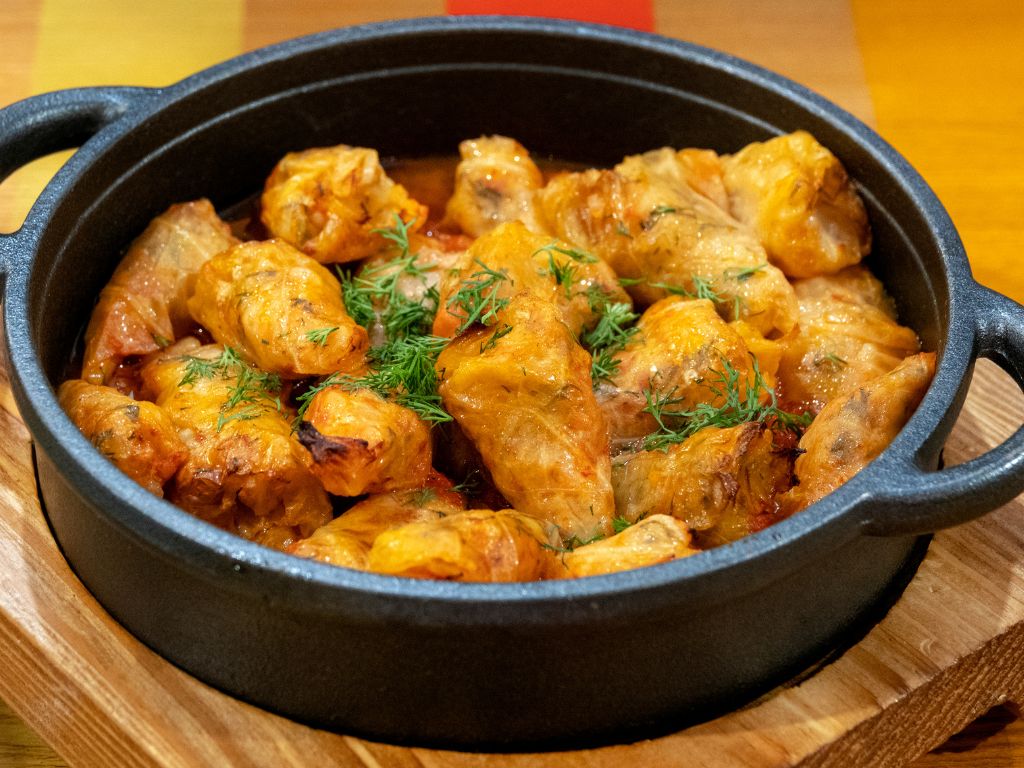 Baked dumplings in a cast iron dish