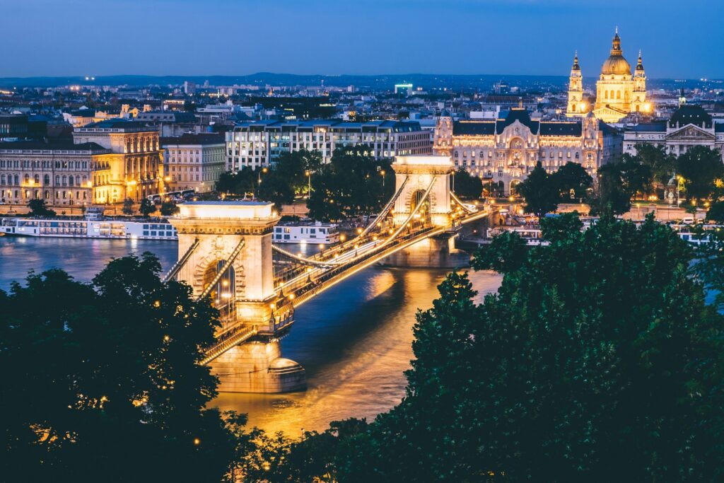 Budapest bridge lit up at night