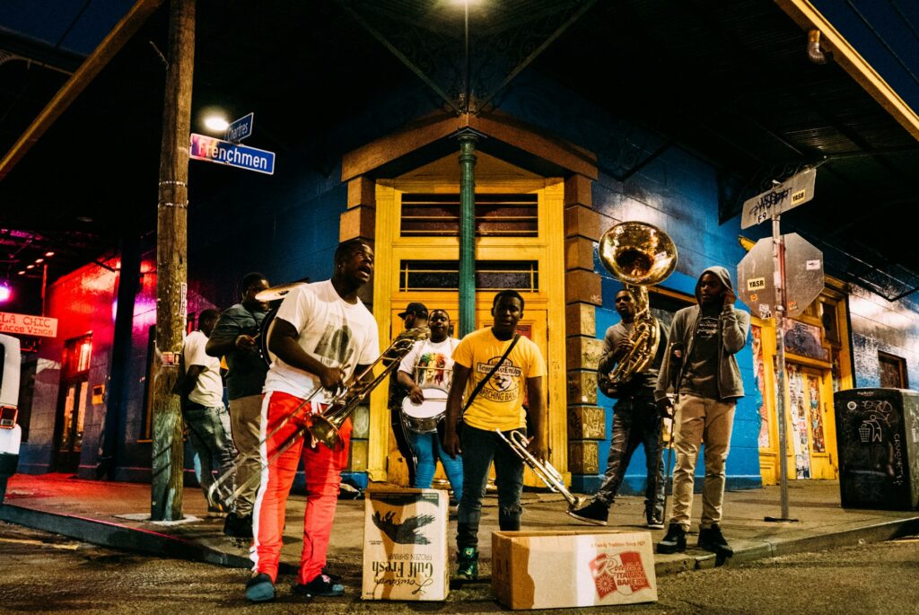 Group of street musicians in new orleans with their instruments 