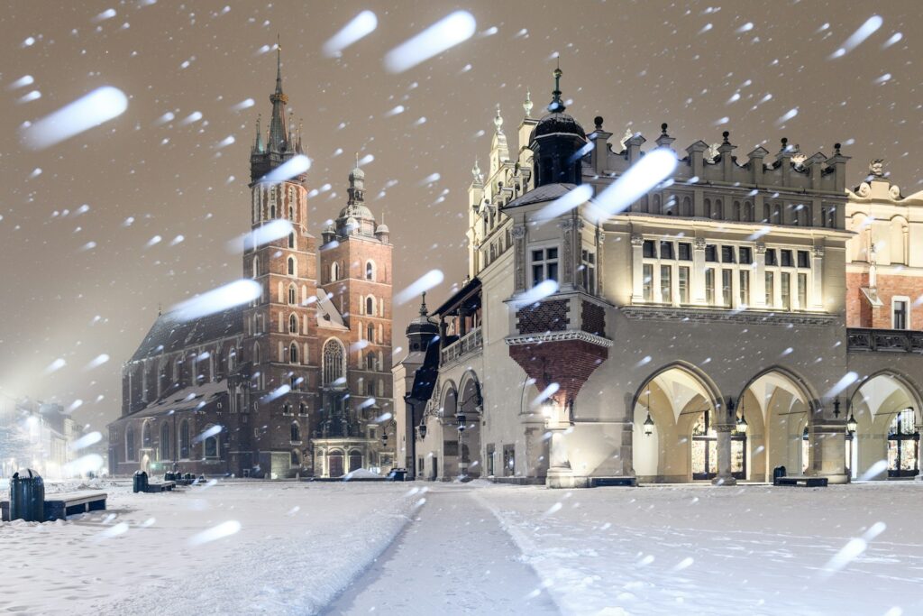 Krakow's Rynek Glowny square in the snow
