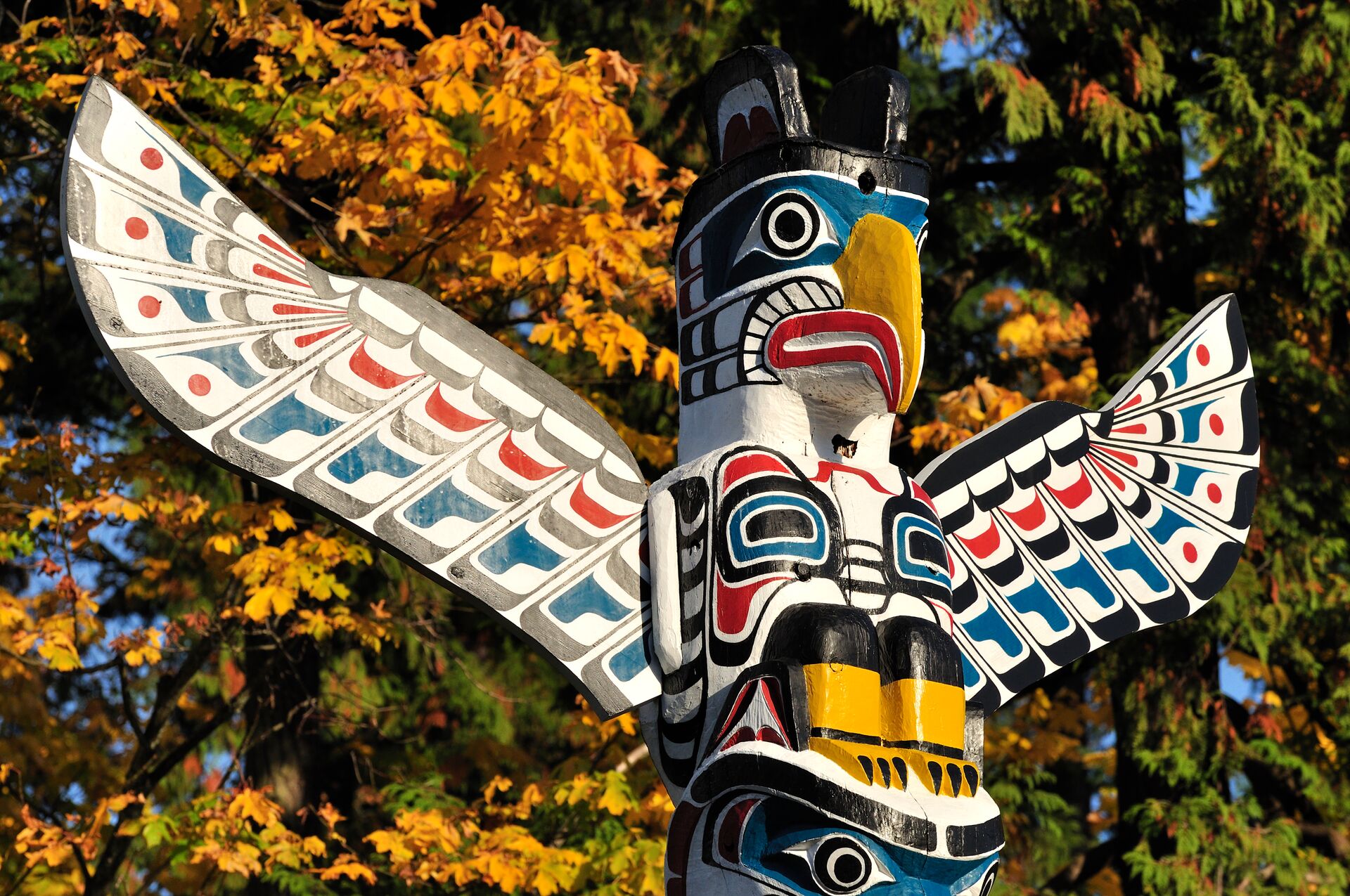 Close up image of a First Nations Totem in Canada, North America