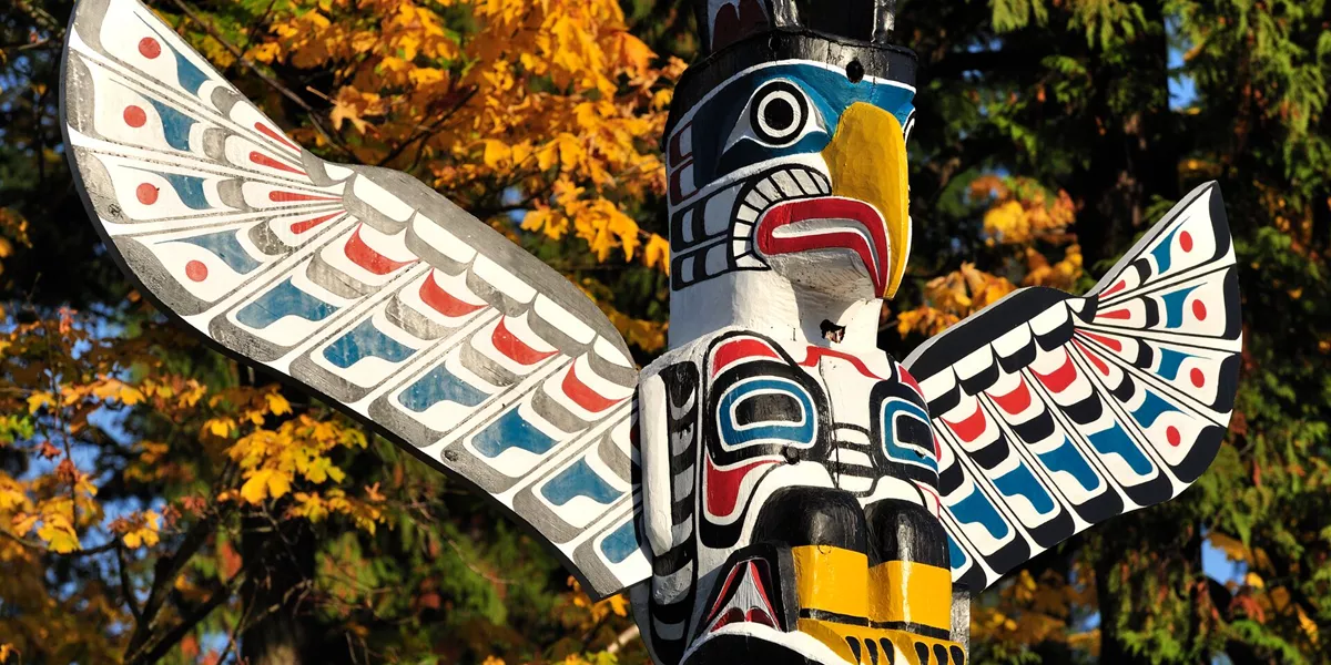 Close up image of a First Nations Totem in Canada, North America