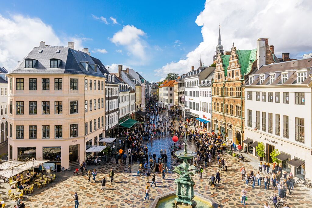 Medium Aerial View Of Shopping Street And Main City Square In Copenhagen Old Town, Denmark 1137026486