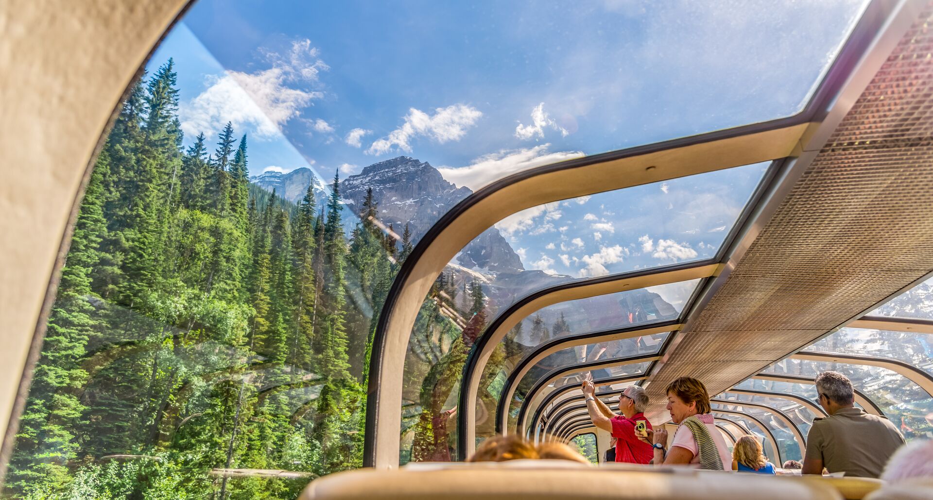 Rocky mountaineer train traveling through the Rocky Mountains in British Colombia, Canada