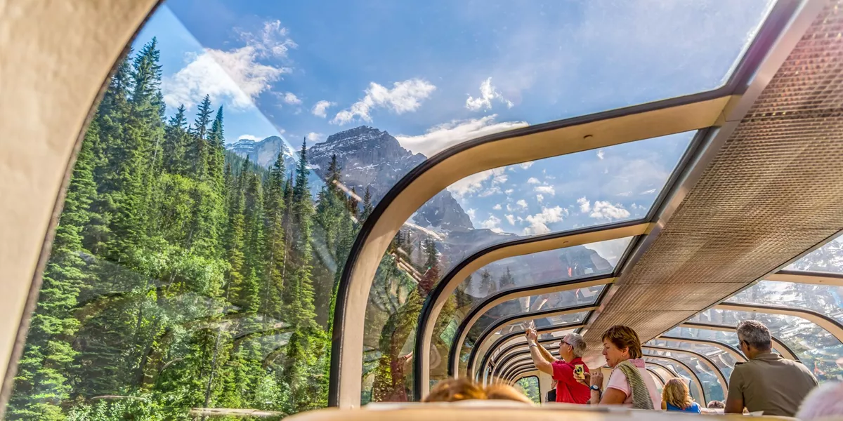 Rocky mountaineer train traveling through the Rocky Mountains in British Colombia, Canada