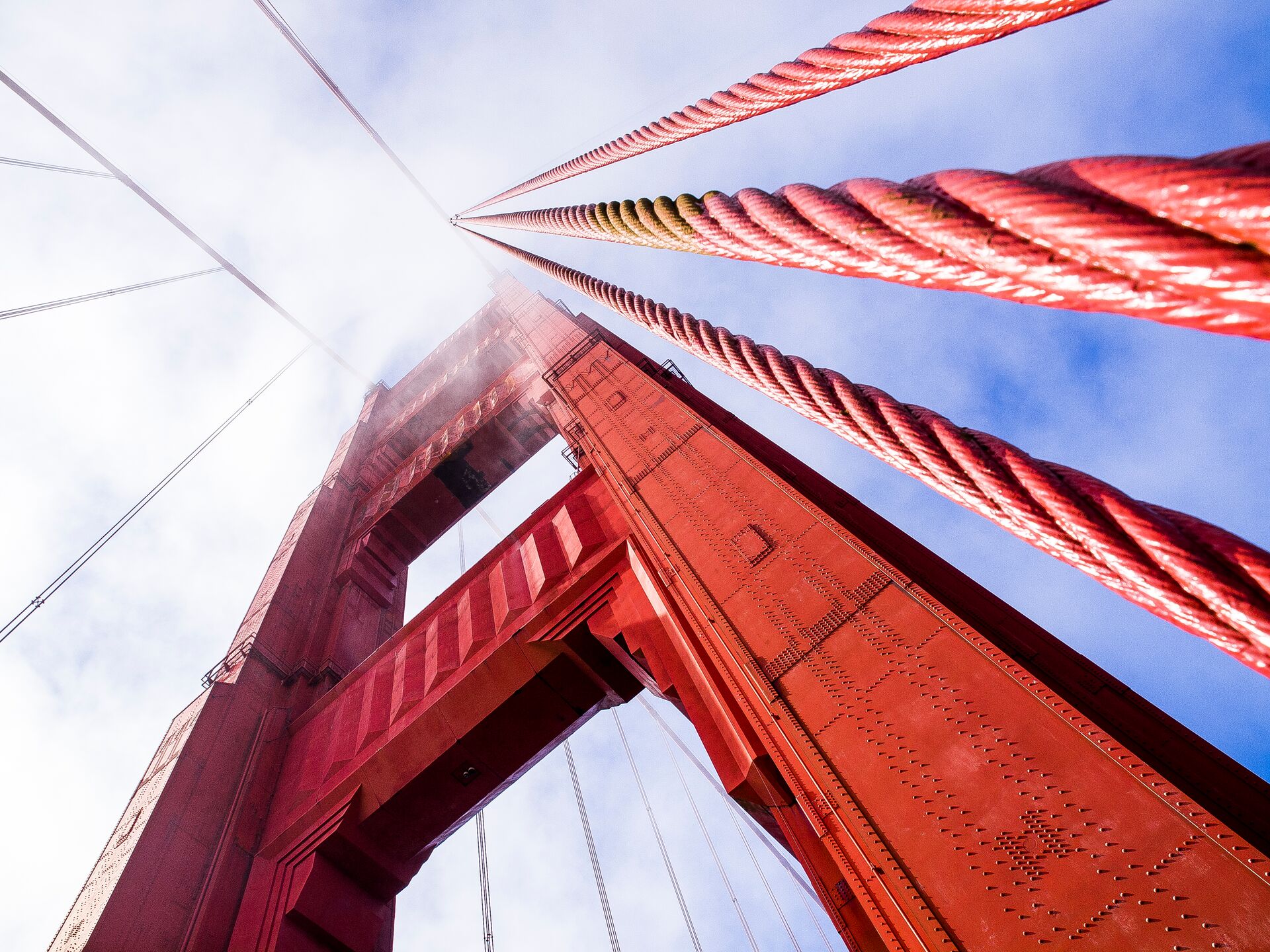 Golden Gate Bridge South Tower in San Francisco, California, USA as seen from below