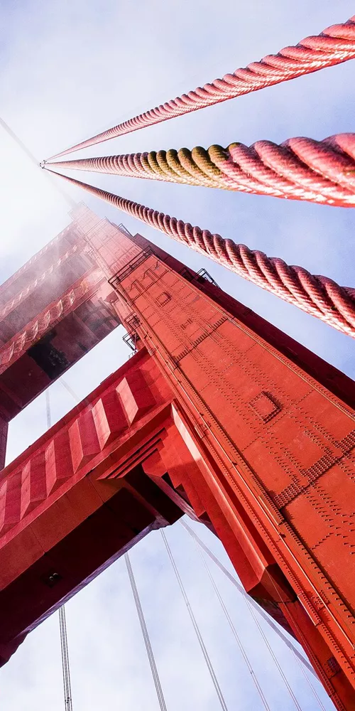 Golden Gate Bridge South Tower in San Francisco, California, USA as seen from below
