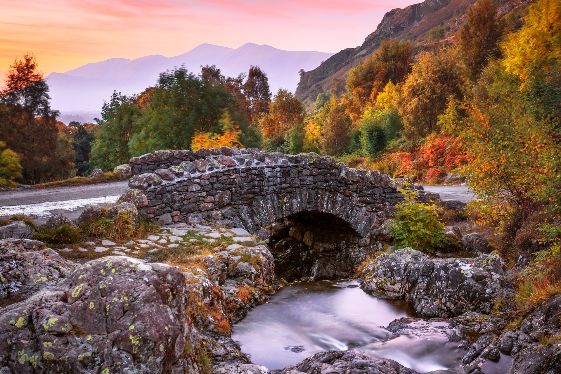 Ashness Bridge at dusk in the Lake District, England, UK