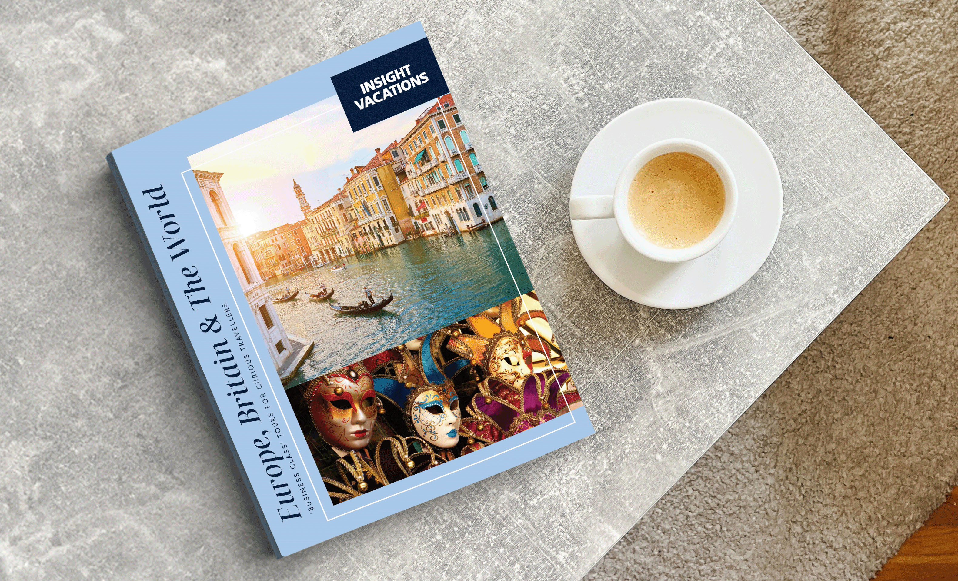 Insight Vacations brochure on table next to a cup of coffee