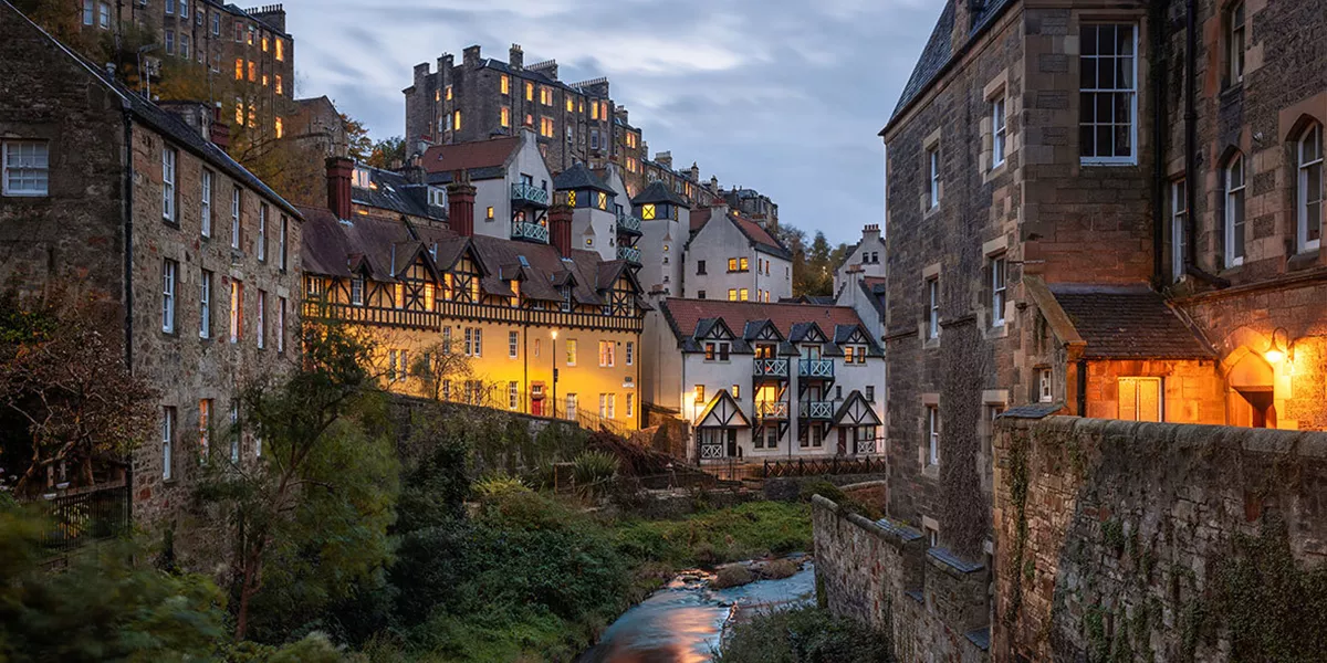 View of a stream and old buildings in Edinburgh, Scotland