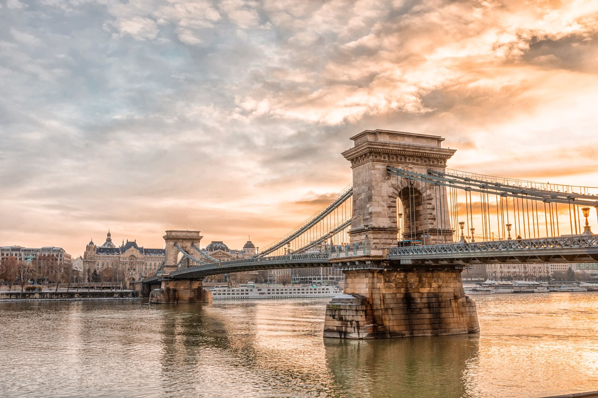 Panoramic View Of Budapest City And Chain Bridge On A Frosty Snowy Winter Morning