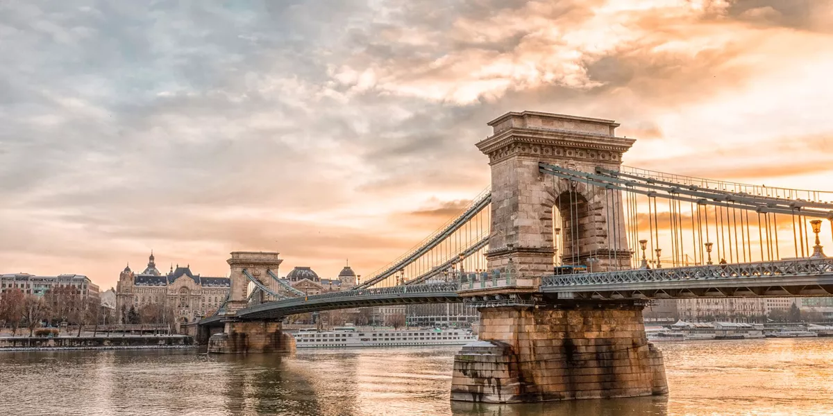 Panoramic View Of Budapest City And Chain Bridge On A Frosty Snowy Winter Morning