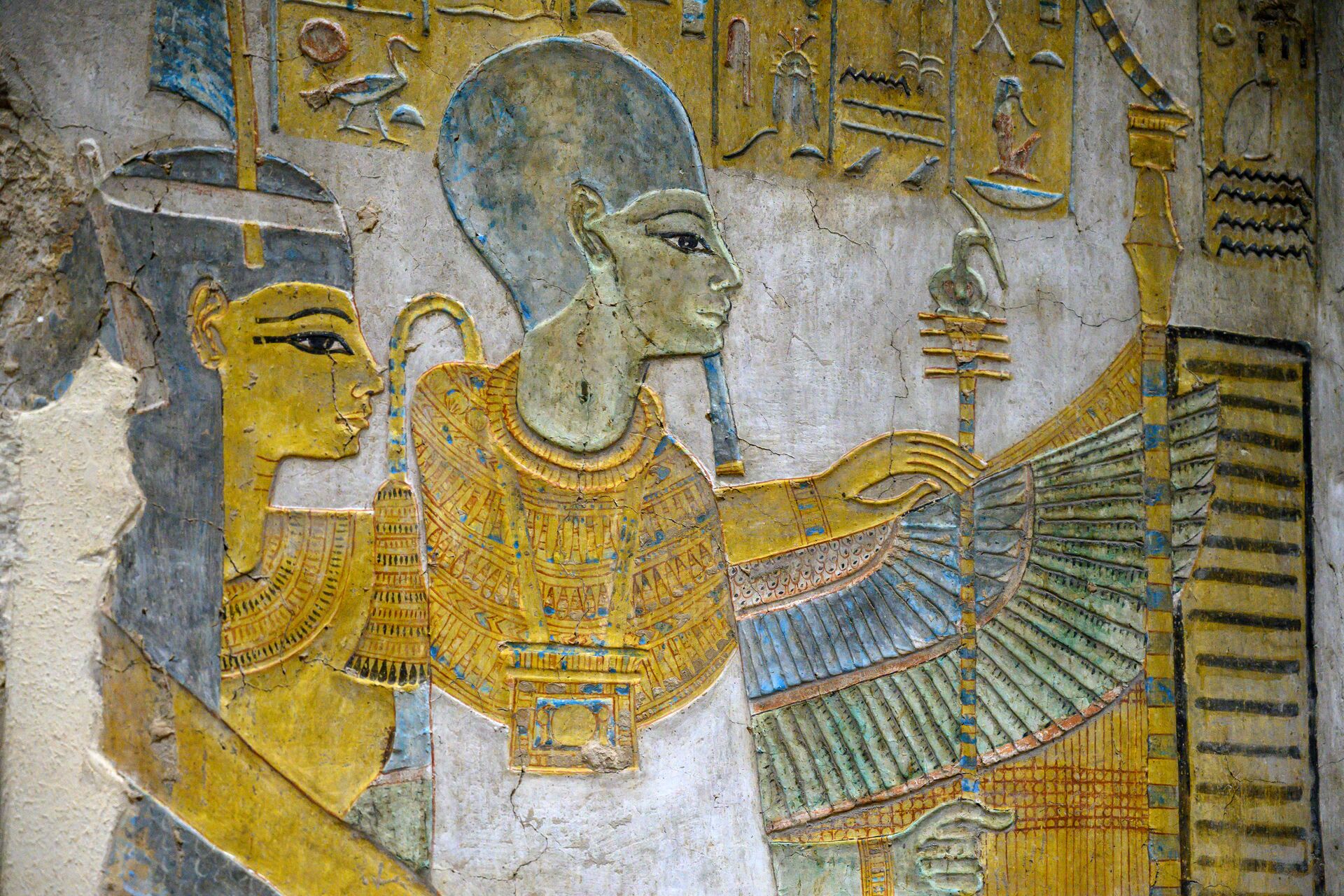 Close up image of ancient hieroglyphics in a temple in Egypt