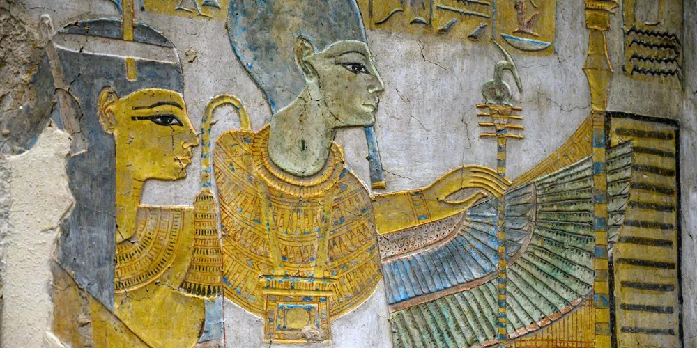 Close up image of ancient hieroglyphics in a temple in Egypt