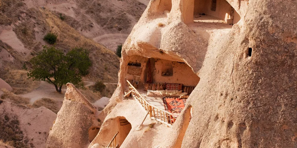 Living room in a Turkish cave in Cappadocia, Turkey