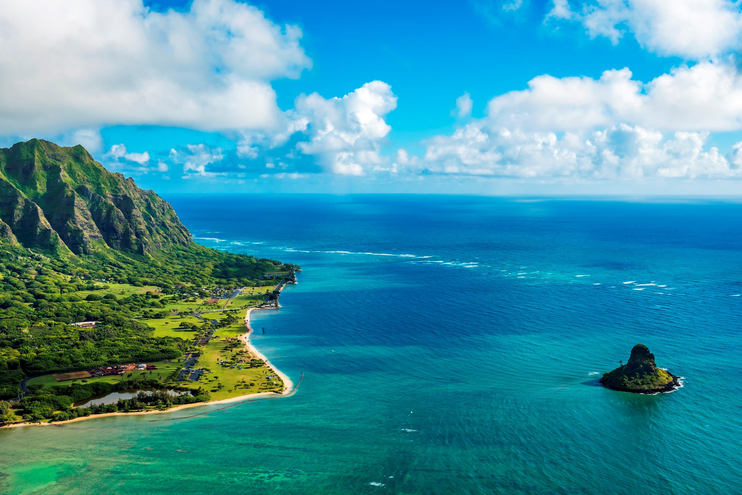 Aerial view of Kaneohe Bay on Oahu in Hawaii, USA