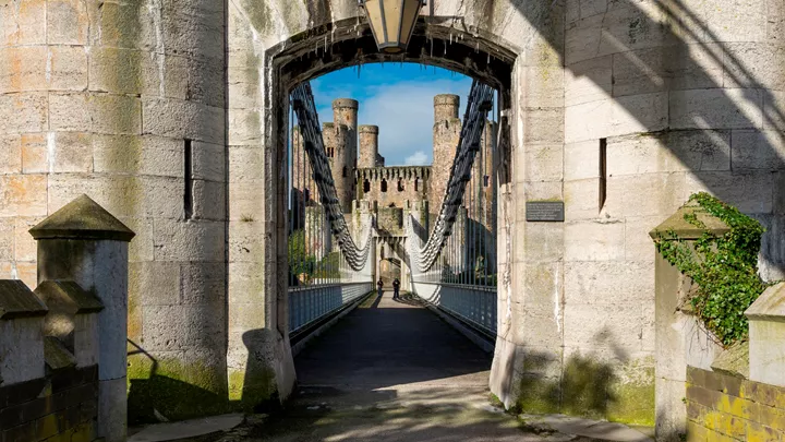 Famous suspension bridge beside Conwy castle, Conwy, Wales