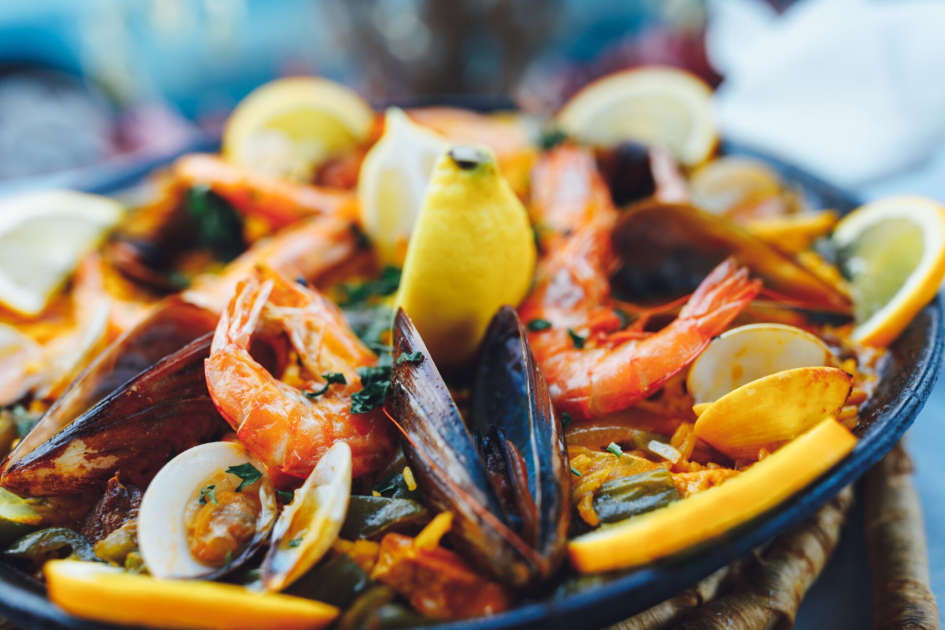 Large Spanish Seafood Paella Closeup View 1031600274