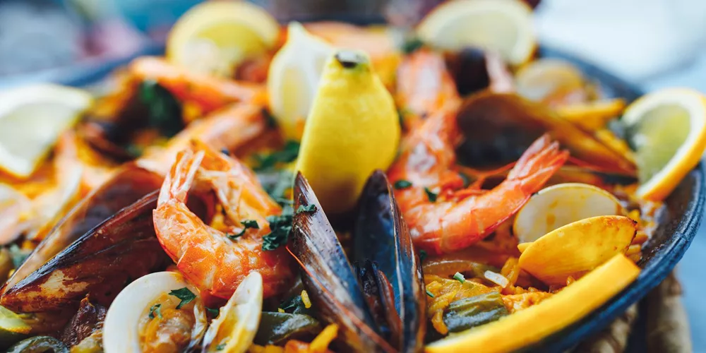 Large Spanish Seafood Paella Closeup View 1031600274