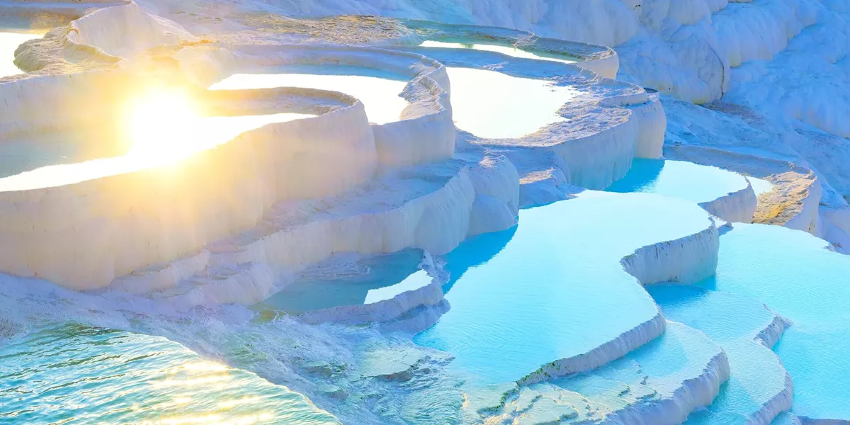 Thermal springs located on white limestone terraces in Pamukkale, Denizli Province, Turkey
