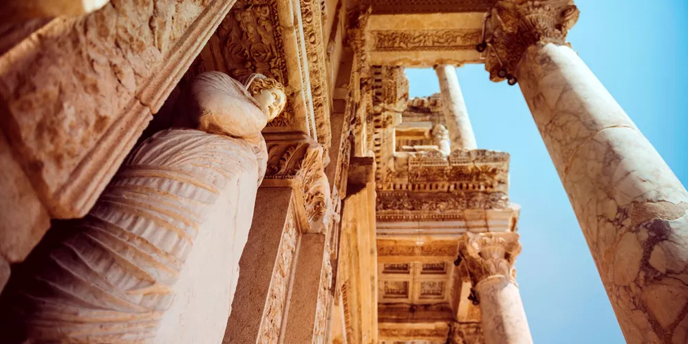 Close up view of a statue in the Library of Celsus in Ephesus, Turkey
