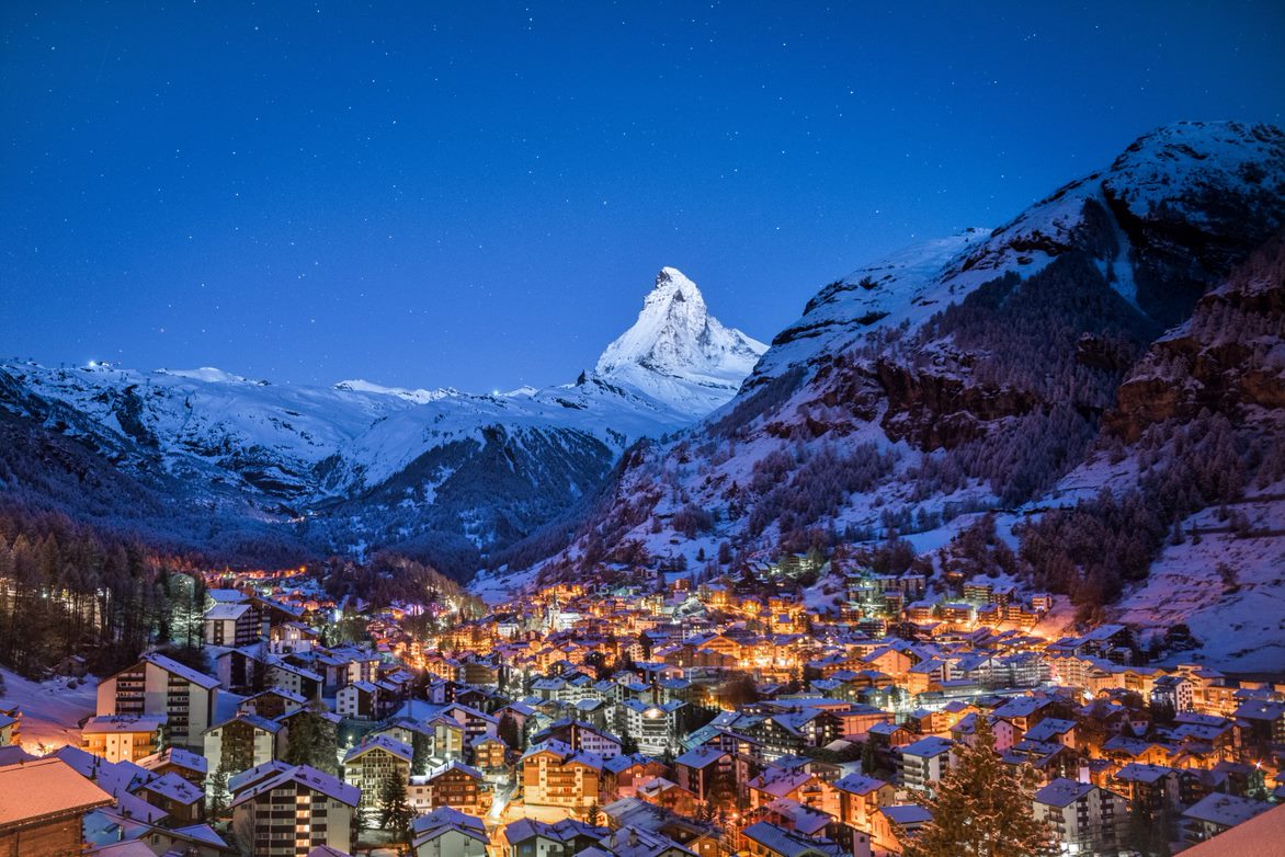 A night view of ski resort during winter in Switezrland